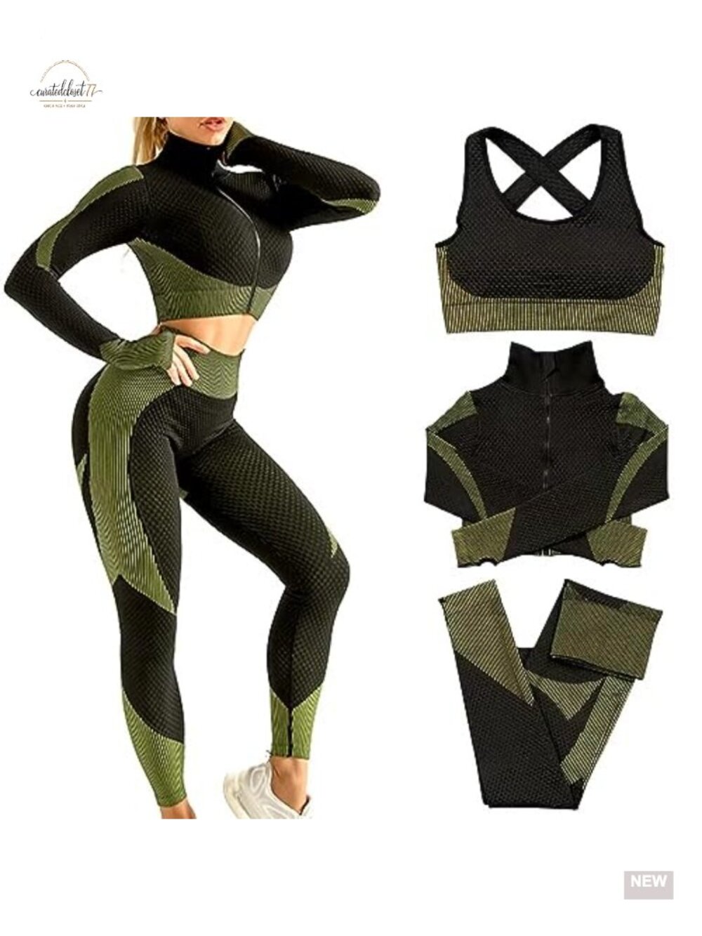 Womens 3pc Seamless Workout Set Leggings Sports Bra Zip Crop Top Yoga Gym